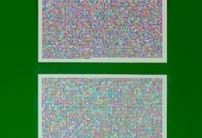 Two square printed artworks on a green wall showing a pixelated pattern.
