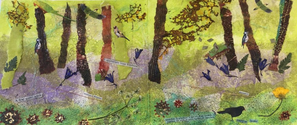 Ann Burnham's Lockdown book - page detail of painted trees and wildlife