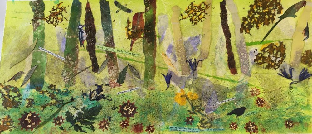 Ann Burnham's Lockdown book - page detail of painted trees and wildlife