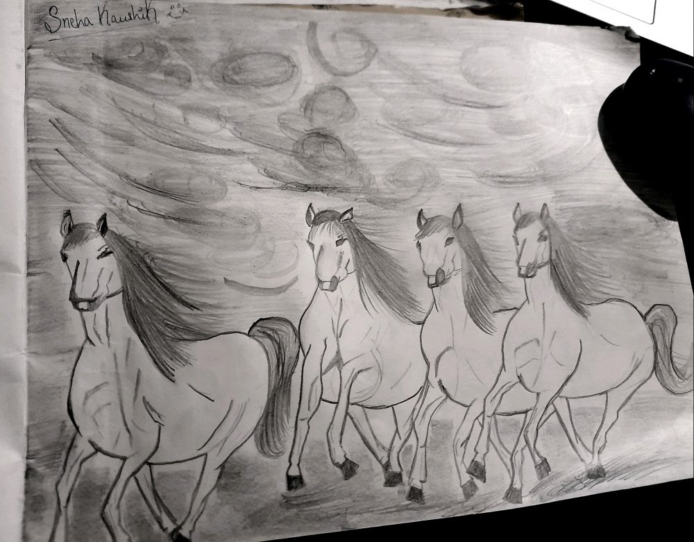 pencil sketch of four horses galloping