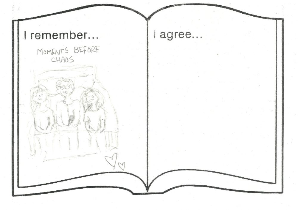 Pencil drawing on paper divided into two section in book template. Left hand side reads 'I remember'. Right side reads ' I agree'. On the left side there is a pencil outline drawing of a family comprising of three people on what appears to be a bed or a sofa. There are heart emoji outlines drawn under the people.