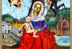 An artwork by The Singh Twins showing golden lady holding malnourished child