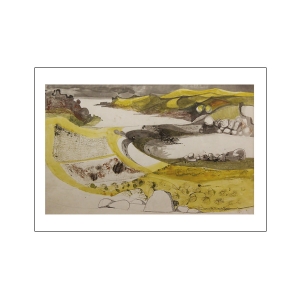 Painting print of Denis Wirth-Miller depicting rocks in a Welsh landscape with hills and a river in between.