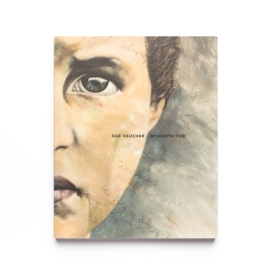 Book cover of Introspective - Gee Vaucher paperback depicting a painting of a woman's half face on the left and handwriting in low opacity on the right.