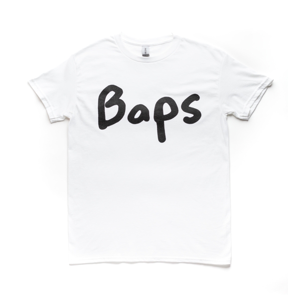 White cotton shirt with a word Baps printed across the chest area.