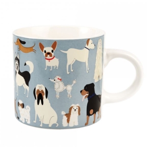 A blue and white mug adorned with lots of canine characters.