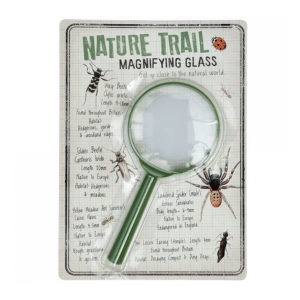 A green Nature Trail Magnifying Glass made out of acrylic, card and plastic materials in a clear packaging.