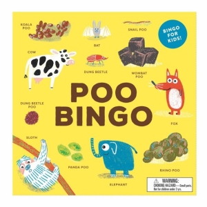 Poo Bingo Animal Game for Kids in a container with counters and chips by Aidan Onn and illustrated by Claudia Boldt.