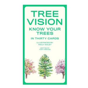 Tree Vision Card Game box with three different trees in the middle and some wording in green– Know Your Trees in 30 Cards by Tony Kirkham and illustrated by Holly Exley.