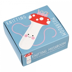 Blue box packaging showing a mushroom - for the Knitting Mushroom kit