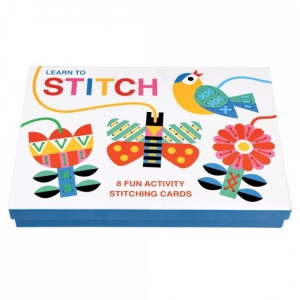 Colourful box packaging for Learn to Stitch activity depicting illustrations of flowers, a bird and a butterfly.