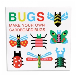 Front cover of the Make Your Own Cardboard Bugs craft kit depicting different type of bugs in all kinds of attractive colours.