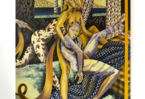 A surrealist painting by Jessie Makinson portraying hybrid creatures that are part human, part animal in a bedroom setting.