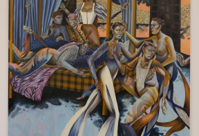 A surrealist painting by Jessie Makinson depicting a group of hybrid creatures with human and animal features. Some are sitting, others standing, and a few lying on a large bed in the scene.