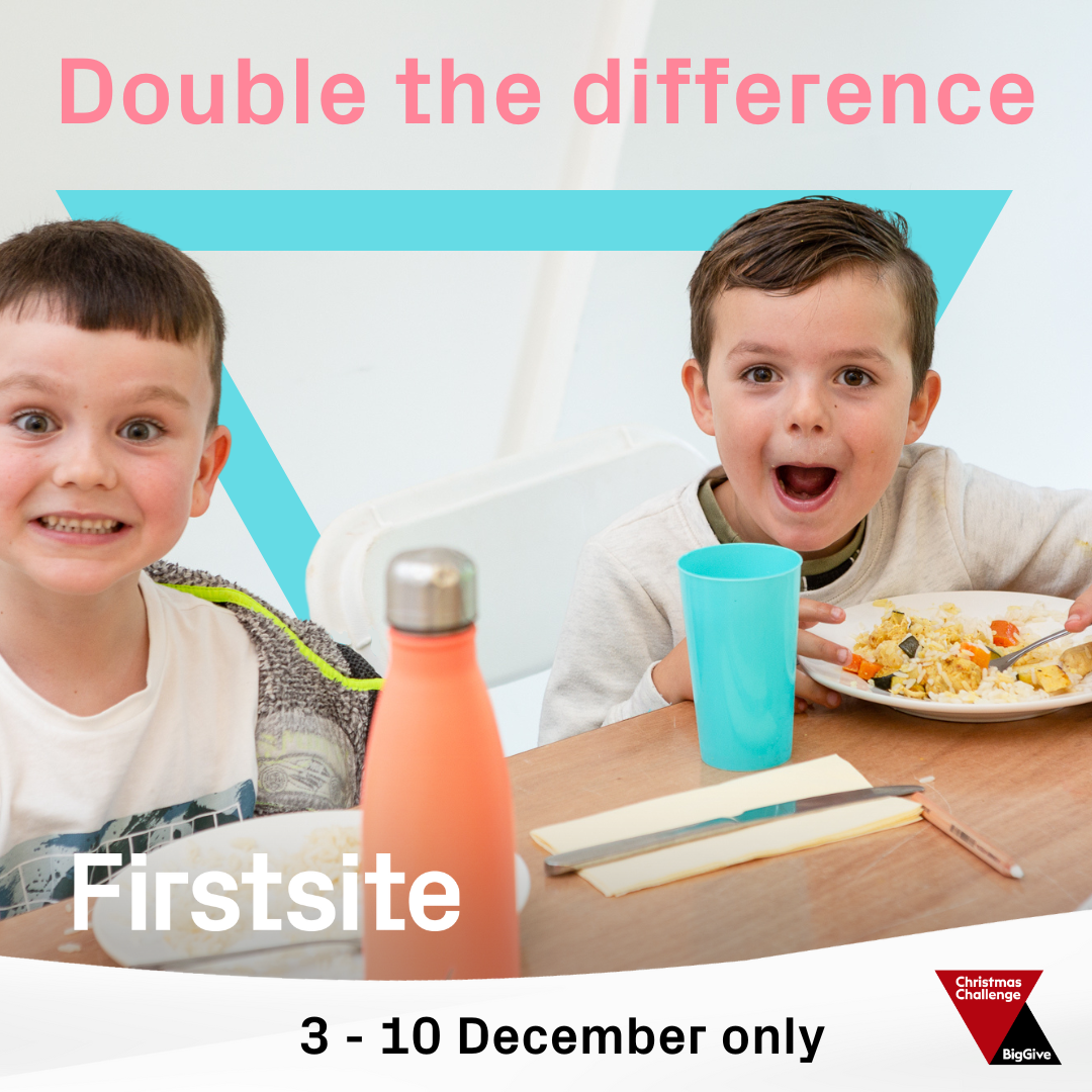 Two children at Holiday Fun canteen enjoying lunch and looking at the camera with surprised faces. There are graphics on the image saying: 'Double the difference' and 