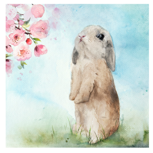 Giclee Board Print of a bunny rabbit smelling pink blossoms painted in soft watercolour hues of pink, cyan, blue, and green,