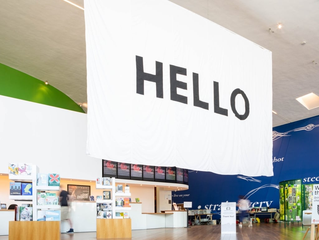 Welcome area at Firstsite. 'Big Hello' (2018) Peter Liversidge. Photo by Jayne Lloyd.