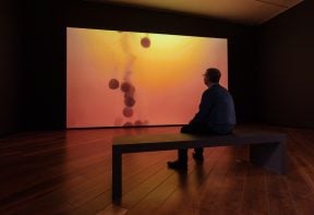 Man sitting on a bench in a dimly lit gallery space, watching a large scale projection of berocca tablets fizzing in water.