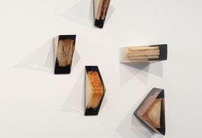 Sculptures of sandwiches encased in resin, mounted on a wall in a gallery space.