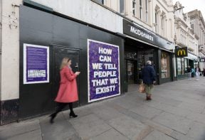 Installation view, Mark Titchner: 'Some questions about Colchester', 2020. Photograph by Anna Lukala. Courtesy of the artist, Firstsite and Our Colchester BID.