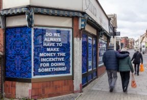 Installation view, Mark Titchner: 'Some questions about Colchester', 2020. Photograph by Anna Lukala. Courtesy of the artist, Firstsite and Our Colchester BID.