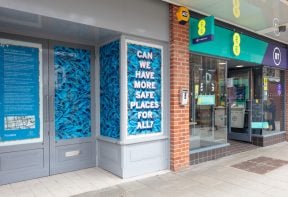 Installation view, Mark Titchner: 'Some questions about Colchester', 2020. Photograph by Anna Lukala. Courtesy of the artist, Firstsite and Our Colchester BID.