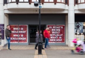 Installation view, Mark Titchner: 'Some questions about Colchester', 2020. Photograph by Anna Lukala. Courtesy of the artist, Firstsite and Our Colchester BID.