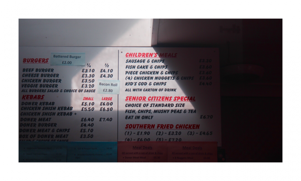 A chip shop menu covered in shadows of different shapes