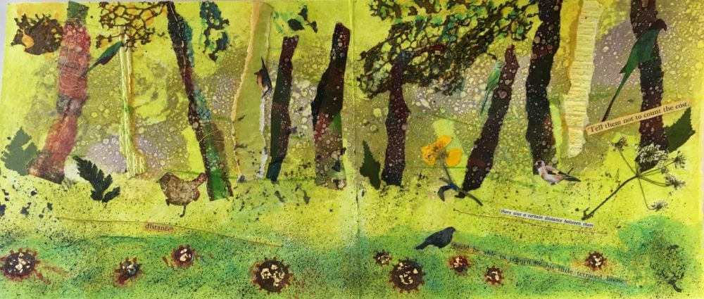 Ann Burnham's Lockdown book - page detail of painted trees and wildlife