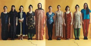 two photographs of the same 5 women standing in a line, the one of the left shows women wearing traditional dress, the one on the right shows them wearing western clothing