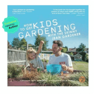 Book cover of How to Get Kids Gardening with the Skinny Jean Gardener paperback depicting Lee Connelly in a garden with a little blonde girl in a dress on a bright sunny day.