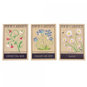 Three seed packets, brown with attractive colourful flowers on each including red sweet pea, blue forget-me-not and pinkish white daisies.