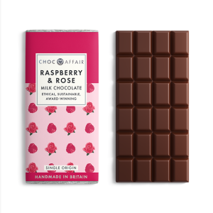 Twi Choc Affair Raspberry & Rose chocolate bars next to each other on a white background - one wrapped, one unwrapped