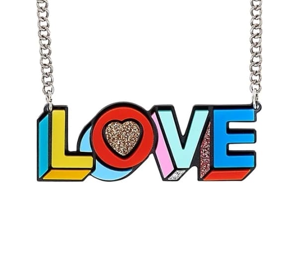 Close up of Tatty Devine LOVE pop necklace