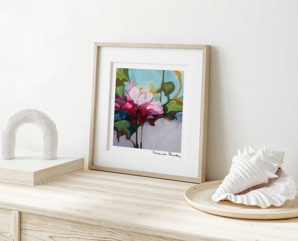 September Rose by Susannah Bleasby in a frame on shelf
