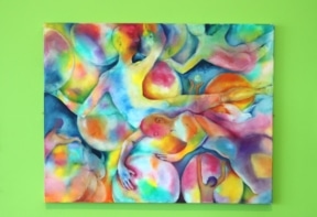 A vibrant abstract painting featuring colourful, overlapping silhouettes against a bright green wall background.