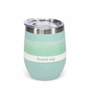 Stock image of the blue travel mug with its label attached white background