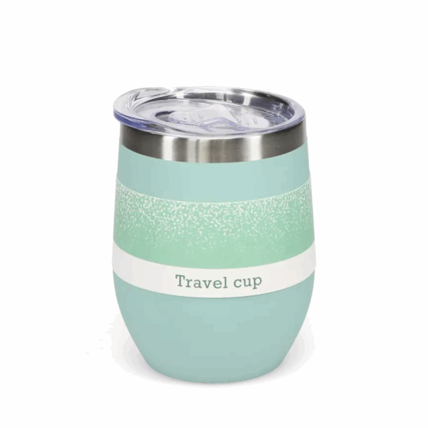 Stock image of the blue travel mug with its label attached
