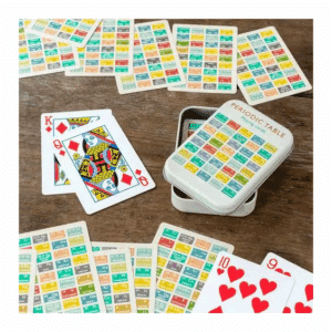 A tin of playing cards featuring a periodic table design.