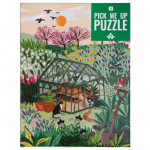 A colorful garden-themed puzzle featuring various flowers and plants with the text 'Pick Me Up Puzzle' in the top right corner on a green background.