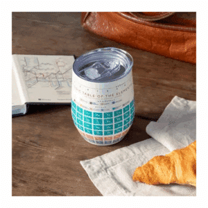 An image of a travel mug with a periodic table print, sat on a wooden table with an open book and a croissant on a napkin