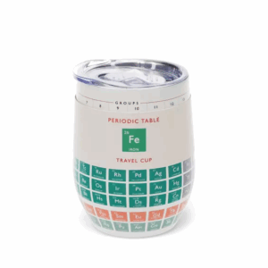 An image of a travel mug with a periodic table print, includes the paper label with white background.