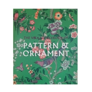 Image shows the front of the V&A Sourcebook of Pattern and Ornament. It features a green background with a number of flowers and a bird.