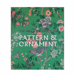 Image shows the front of the V&A Sourcebook of Pattern and Ornament. It features a green background with a number of flowers and a bird.