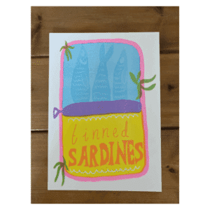 photo of a print of a tin of sardines. Coloured in pink, blue, purple and yellow, with the text 'tinned sardines'