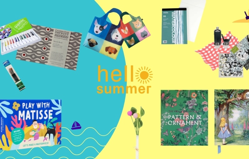 Colorful "Hello Summer" promotional banner for an online shop featuring various art and leisure products. On the left (blue background), there are painting supplies including a watercolor set, brushes, a patterned sketchbook, and a "Play with Matisse" activity book. In the center, two reusable shopping bags with illustrated animal faces. On the right (yellow background), there's a watercolor pad, a thermos with cups on a red gingham cloth, a nature-themed jigsaw puzzle, a floral book titled The V&A Sourcebook of Pattern & Ornament, a blank notebook with an illustration of Alice in Wonderland, and a small bouquet of felt flowers.