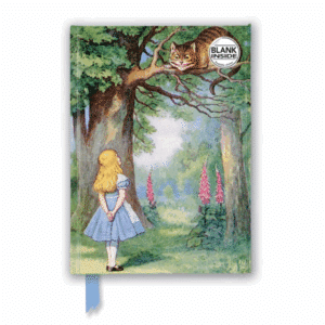 Front cover of the Alice in Wonderland blank journal, this shows Alice looking up into a tree where the Cheshire cat is sitting.