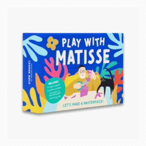 An image showing the front of the box for 'Play with Matisse - Let's Make a Masterpiece'. Box is blue and orange with white writing in bold text.