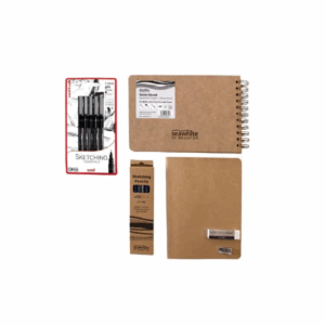 Inside products of Art Gift Box Pens Drawing Books Pencils Eraser Pencil Sharpner on white background