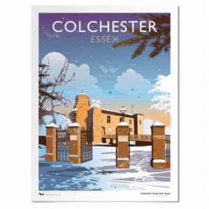 Print depicting Colchester Castle in the snow with the word Colchester on top.